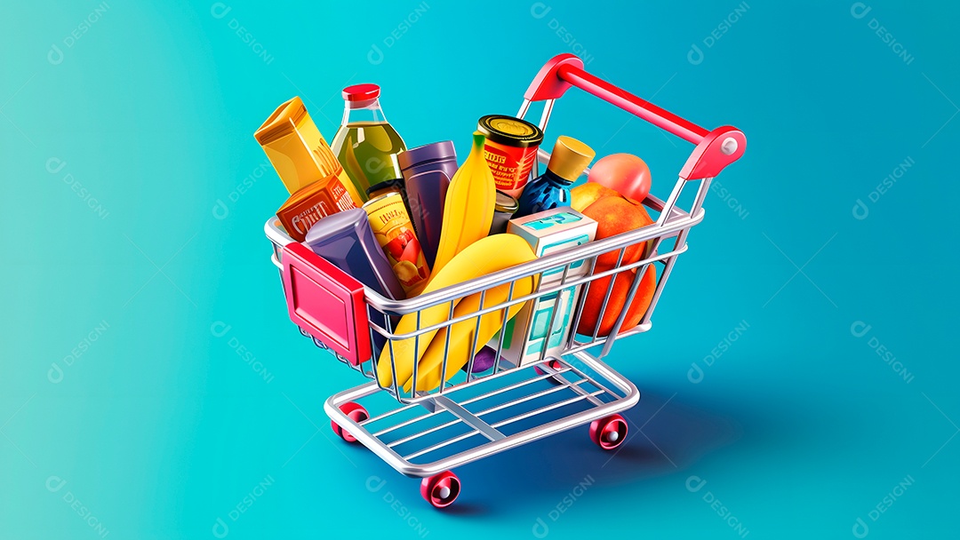 Carrinho de supermercado cheio de produtos em fundo isolado.