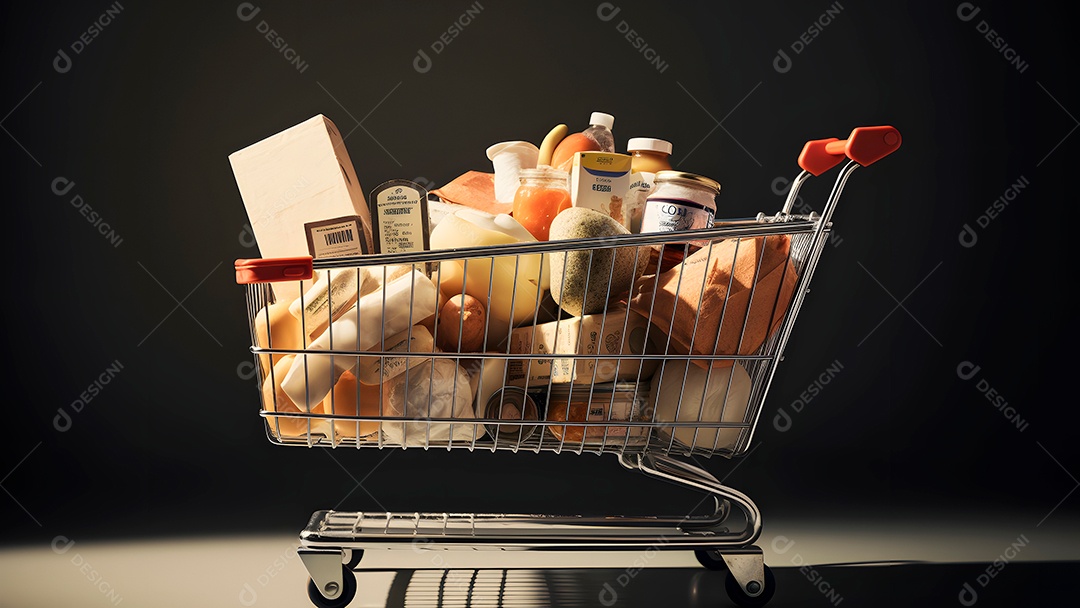 Carrinho de supermercado cheio de produtos em fundo preto.