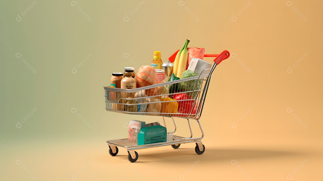 Carrinho de supermercado cheio de produtos em fundo isolado.