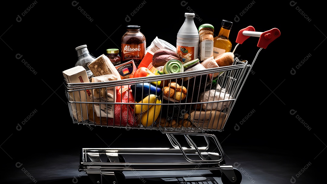 Carrinho de supermercado cheio de produtos em fundo preto.