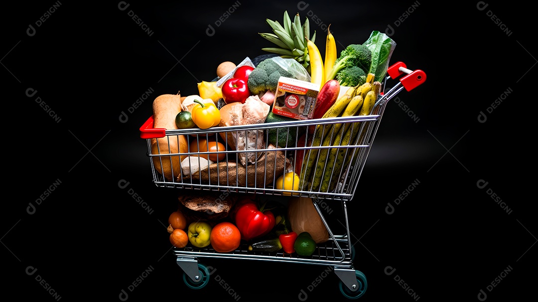 Carrinho de supermercado cheio de produtos em fundo preto.