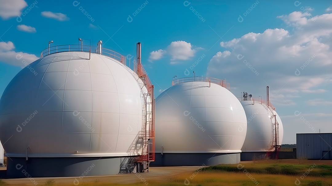 Tanques esféricos brancos para armazenamento de gás hidrogênio em uma instalação de armazenamento ao ar livre.