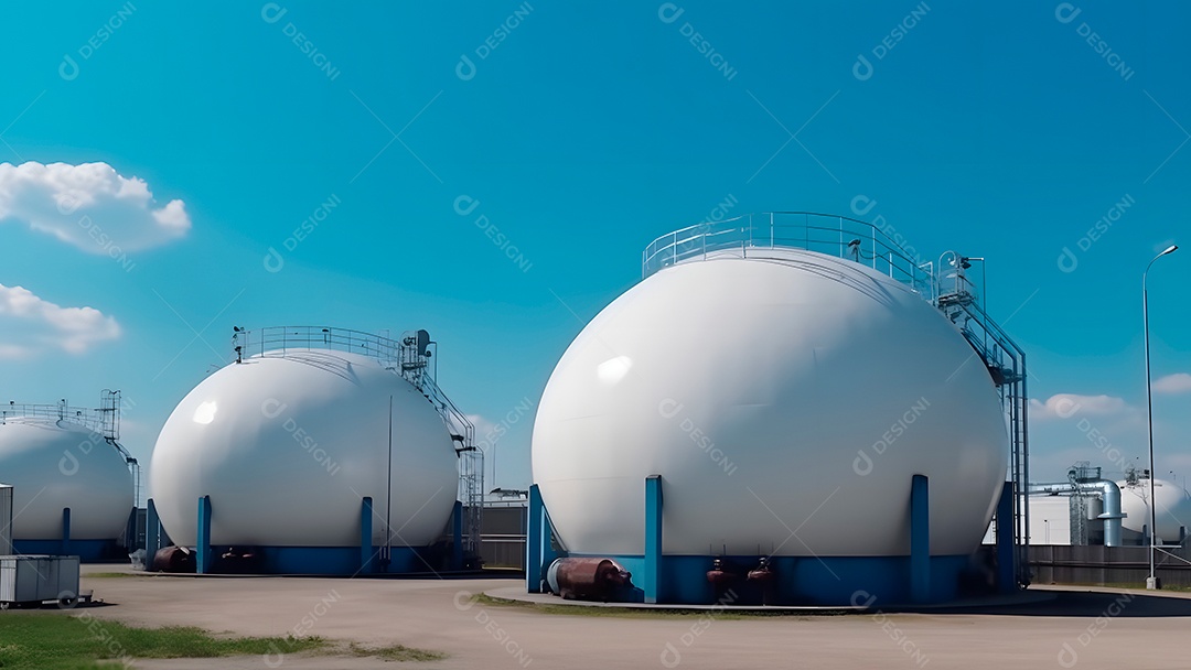 Tanques esféricos brancos para armazenamento de gás hidrogênio em uma instalação de armazenamento ao ar livre.