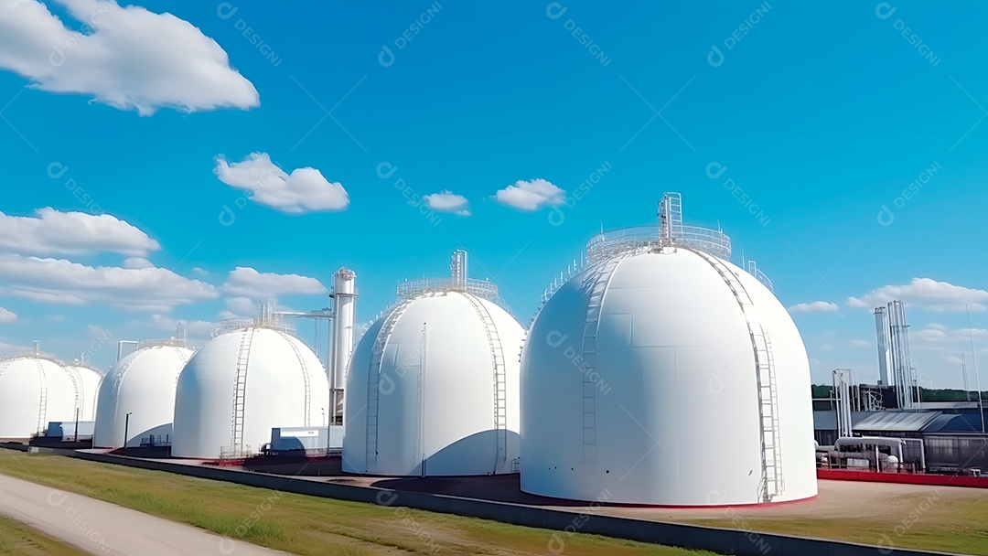 Tanques esféricos brancos para armazenamento de gás hidrogênio em uma instalação de armazenamento ao ar livre.