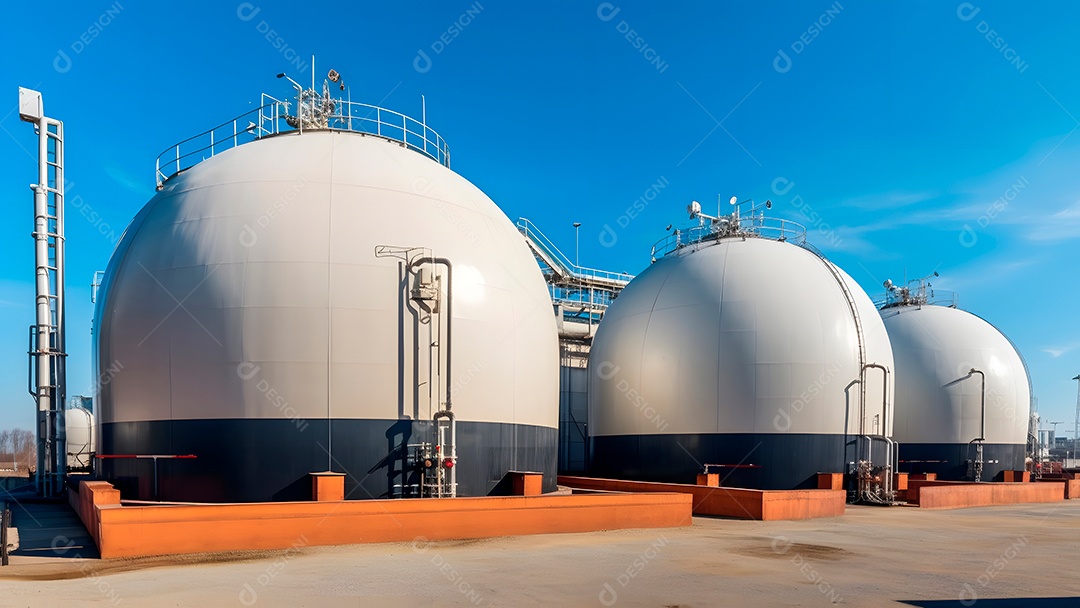 Tanques esféricos brancos para armazenamento de gás hidrogênio em uma instalação de armazenamento ao ar livre.