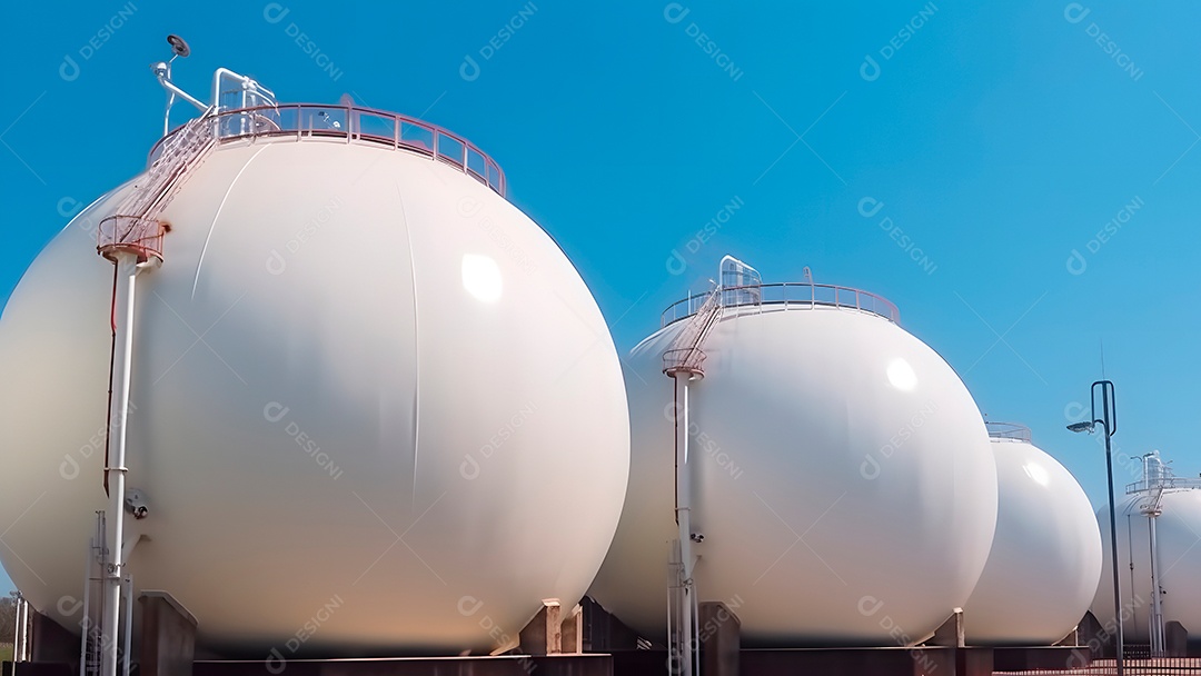 Tanques esféricos brancos para armazenamento de gás hidrogênio em uma instalação de armazenamento ao ar livre.