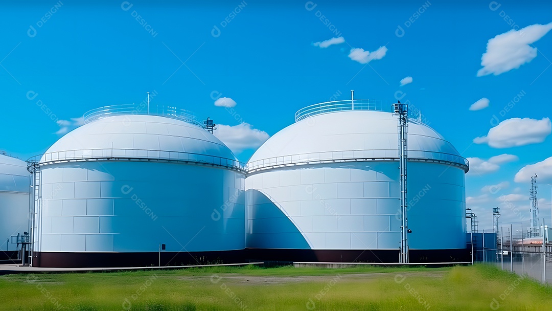 Tanques esféricos brancos para armazenamento de gás hidrogênio em uma instalação de armazenamento ao ar livre.