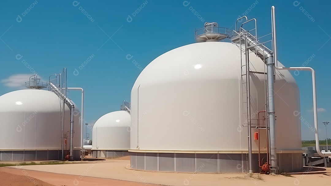 Tanques esféricos brancos para armazenamento de gás hidrogênio em uma instalação de armazenamento ao ar livre.