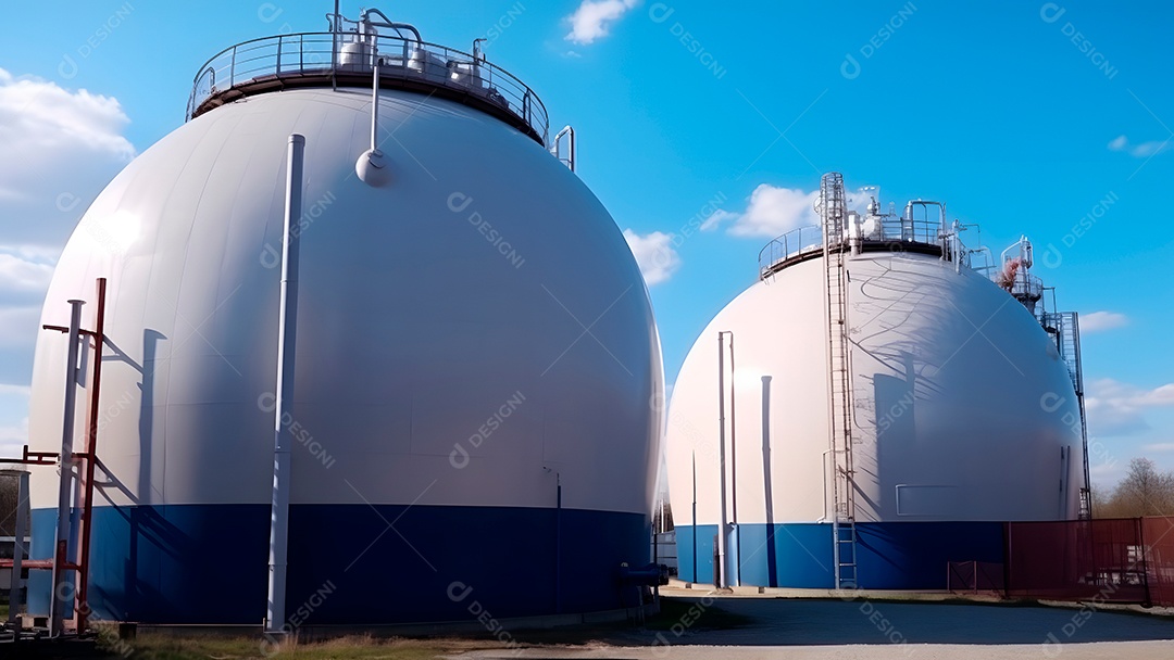 Tanques esféricos brancos para armazenamento de gás hidrogênio em uma instalação de armazenamento ao ar livre.