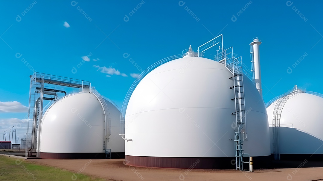Tanques esféricos brancos para armazenamento de gás hidrogênio em uma instalação de armazenamento ao ar livre.