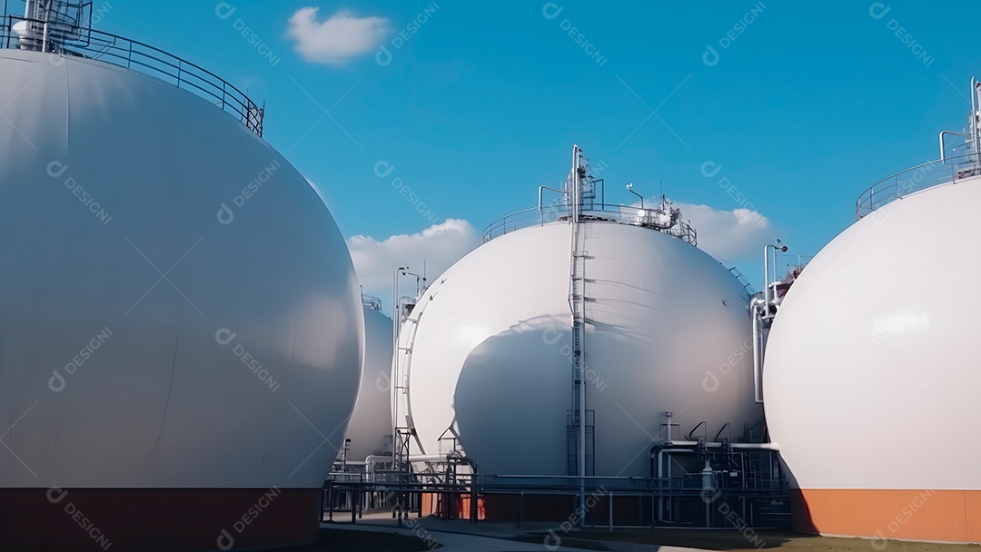 Tanques esféricos brancos para armazenamento de gás hidrogênio em uma instalação de armazenamento ao ar livre.