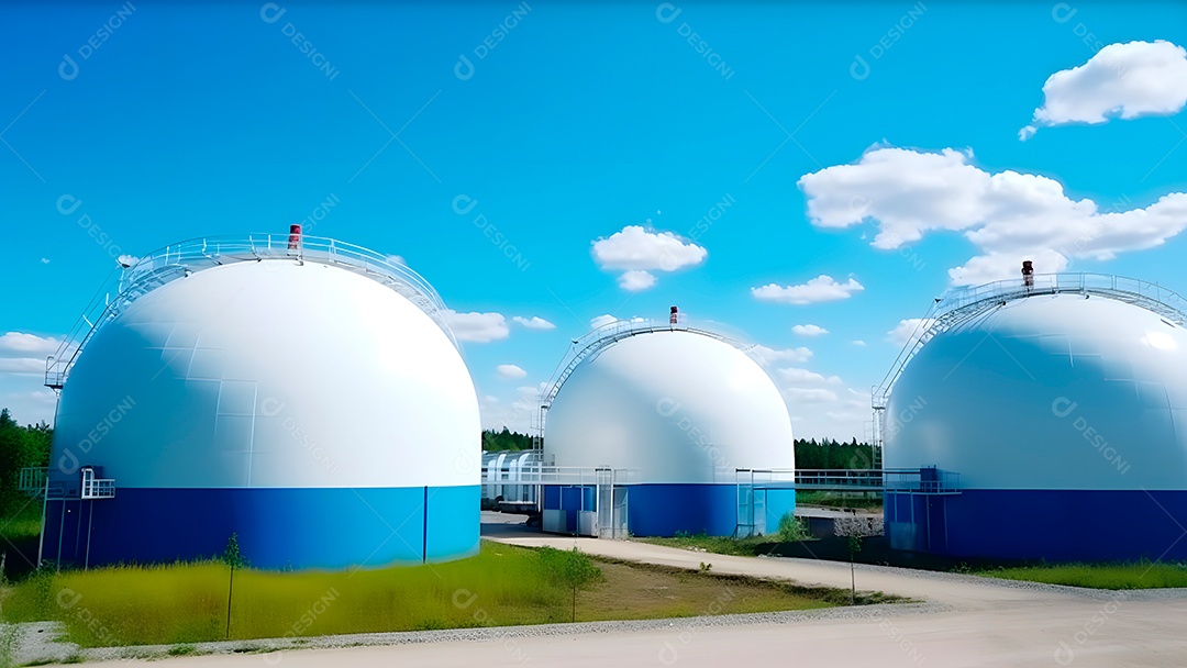 Tanques esféricos brancos para armazenamento de gás hidrogênio em uma instalação de armazenamento ao ar livre.