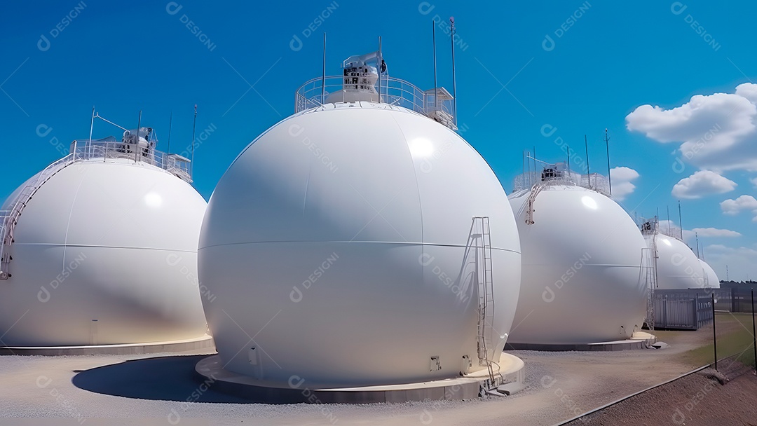 Tanques esféricos brancos para armazenamento de gás hidrogênio em uma instalação de armazenamento ao ar livre.