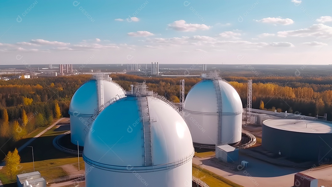 Tanques esféricos brancos para armazenamento de gás hidrogênio em uma instalação de armazenamento ao ar livre.