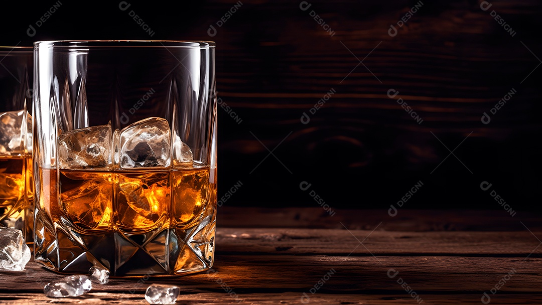Uísque com gelo em copo sobre fundo rústico de madeira