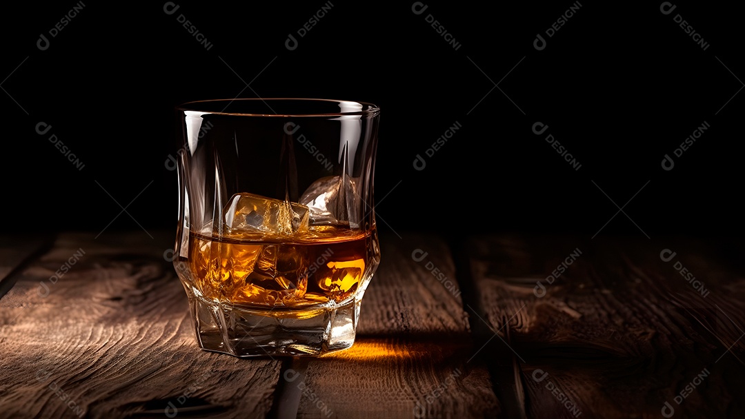 Uísque com gelo em copo sobre fundo rústico de madeira