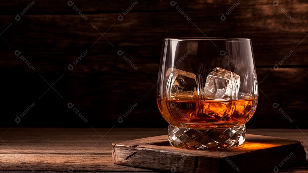 Uísque com gelo em copo sobre fundo rústico de madeira