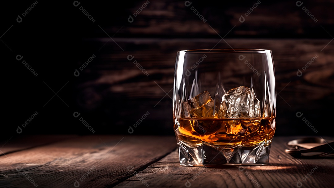Uísque com gelo em copo sobre fundo rústico de madeira