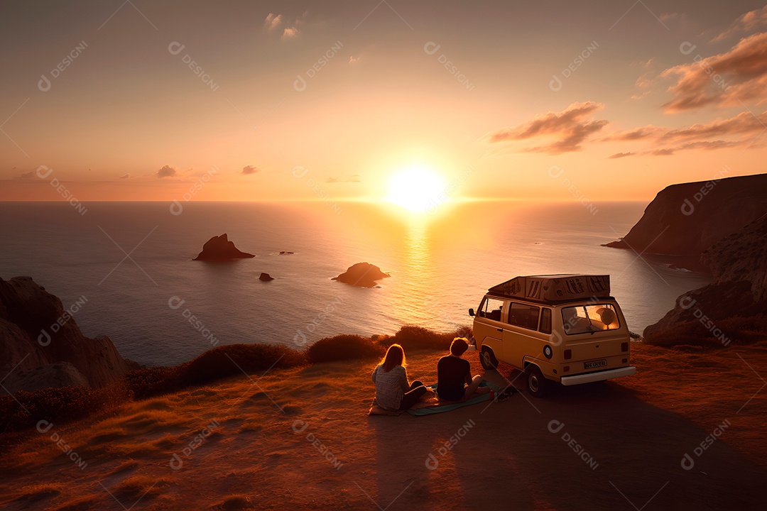 Trailer retrô em altas montanhas pela manhã.