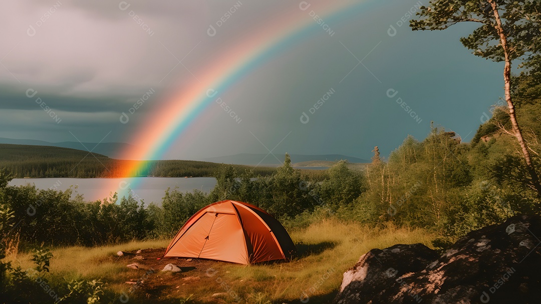 Acampamento turístico inundado em floresta matinal outonal