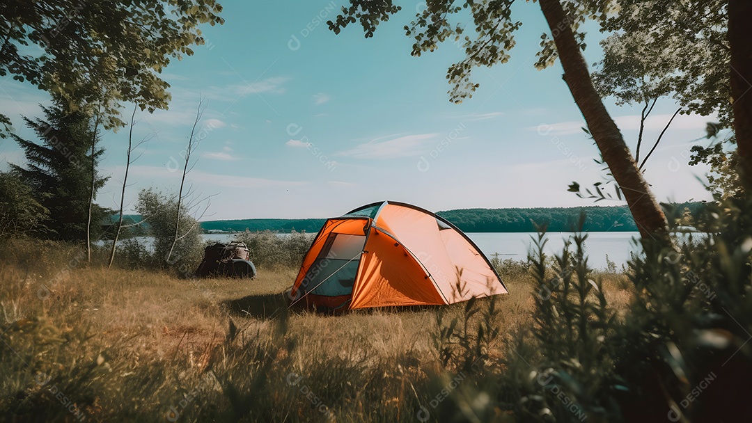 Acampamento turístico inundado em floresta matinal outonal