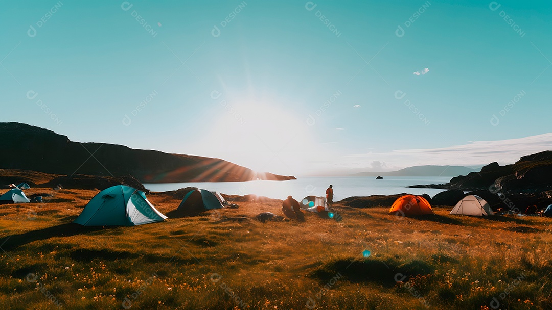 Acampamento turístico inundado em floresta matinal outonal