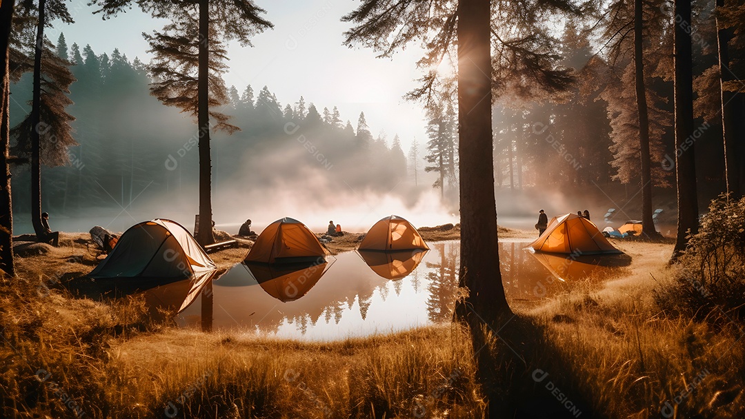 Acampamento turístico inundado em floresta matinal outonal