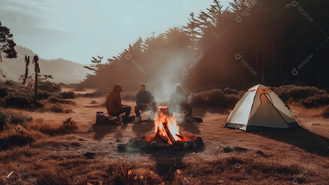 Acampamento turístico inundado em floresta matinal outonal