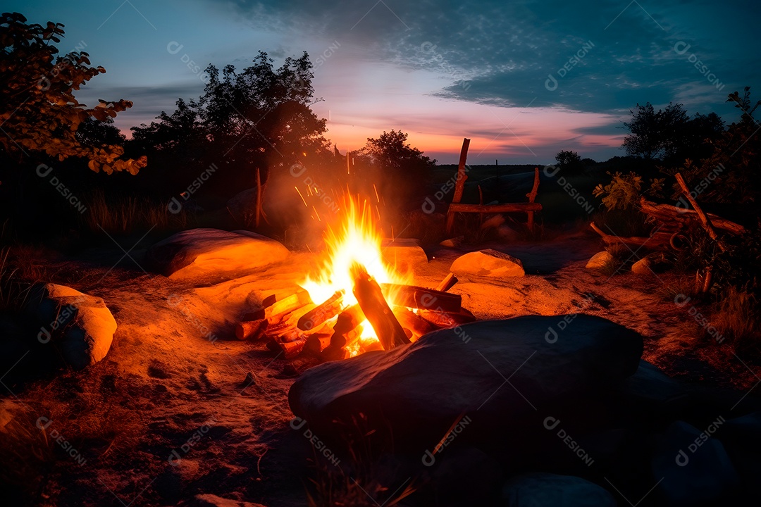 Fogueira noturna perto de um lago de verão.