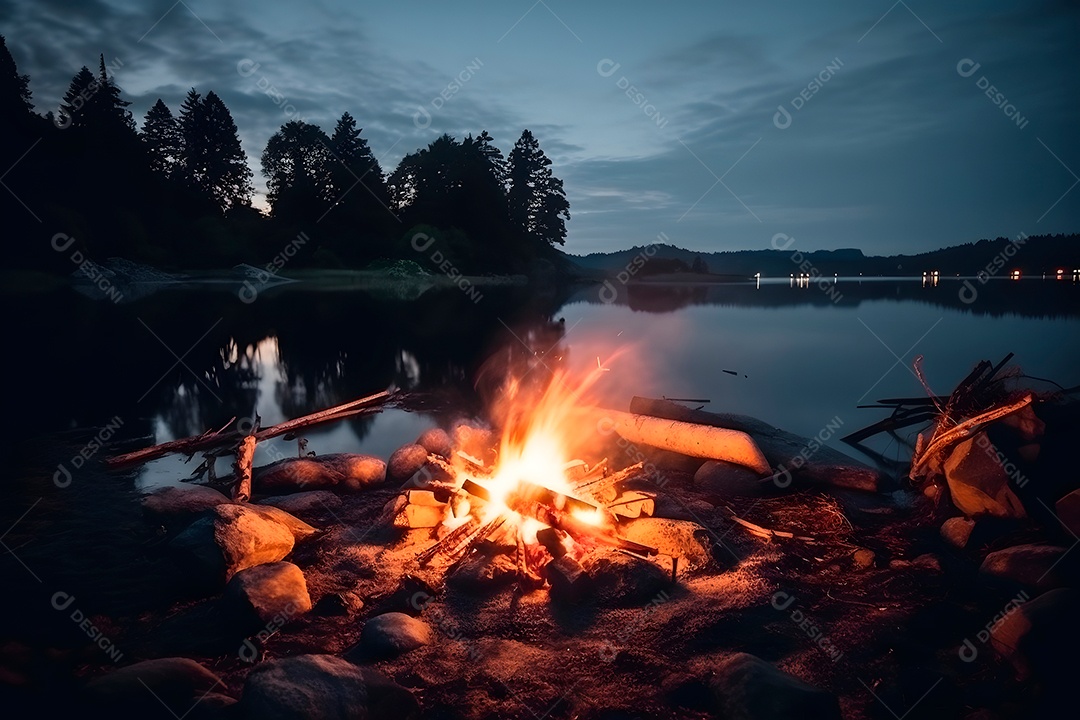 Fogueira noturna perto de um lago de verão.