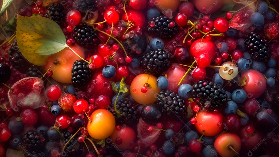 Mix de frutas vermelhas, fotorrealista, colorido em quadro inteiro