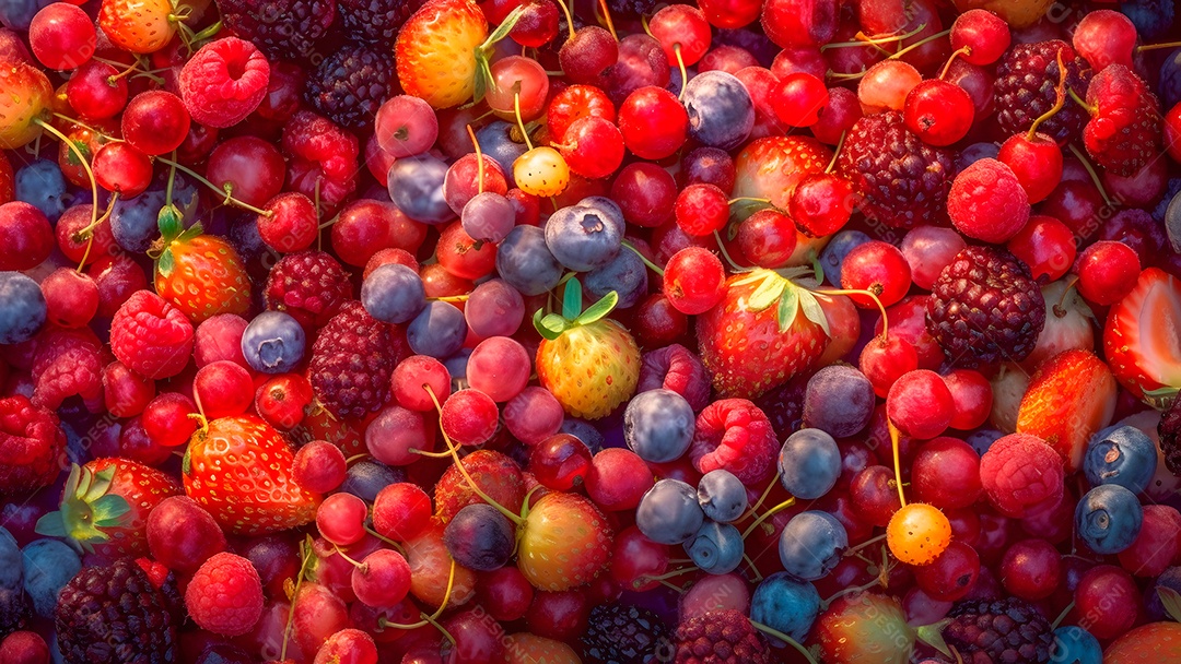 Mix de frutas vermelhas, fotorrealista, colorido em quadro inteiro