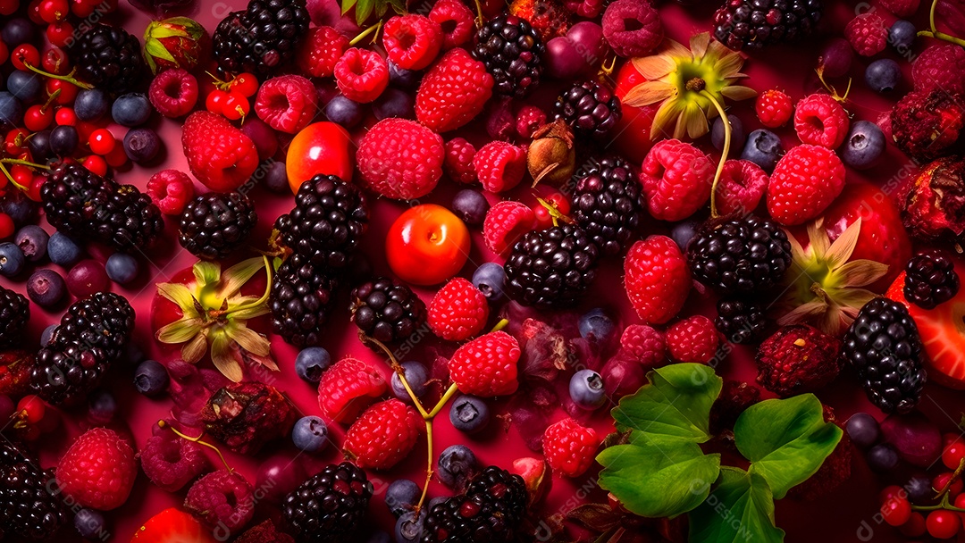 Mix de frutas vermelhas, fotorrealista, colorido em quadro inteiro