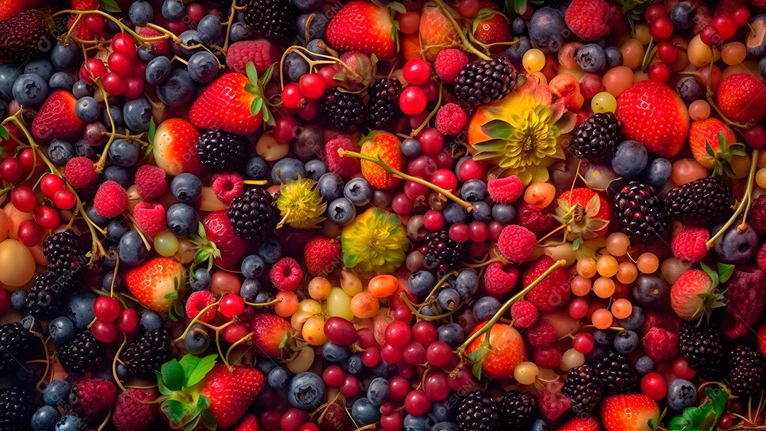Mix de frutas vermelhas, fotorrealista, colorido em quadro inteiro