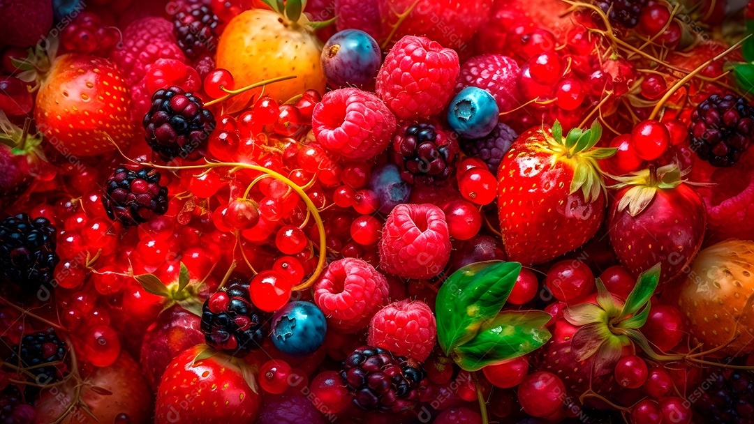 Mix de frutas vermelhas, fotorrealista, colorido em quadro inteiro