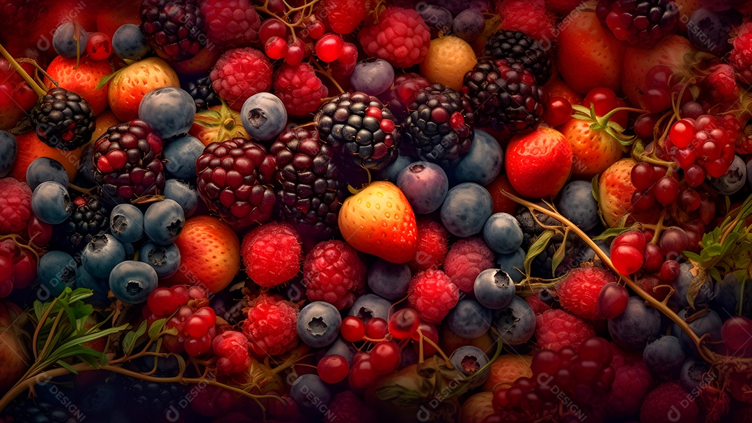 Mix de frutas vermelhas, fotorrealista, colorido em quadro inteiro