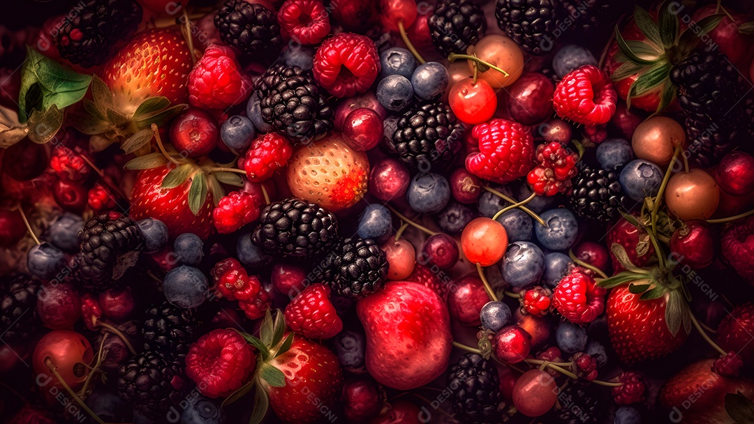 Mix de frutas vermelhas, fotorrealista, colorido em quadro inteiro