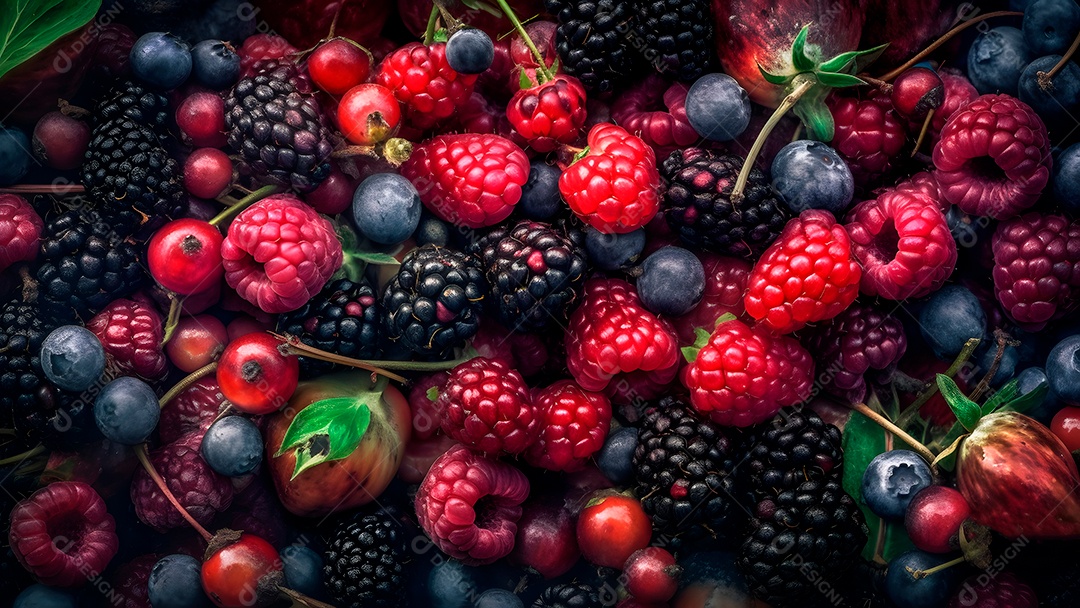 Mix de frutas vermelhas, fotorrealista, colorido em quadro inteiro
