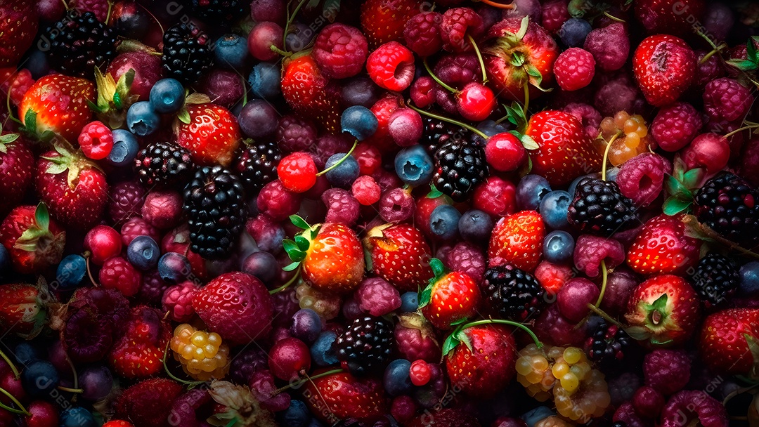 Mix de frutas vermelhas, fotorrealista, colorido em quadro inteiro