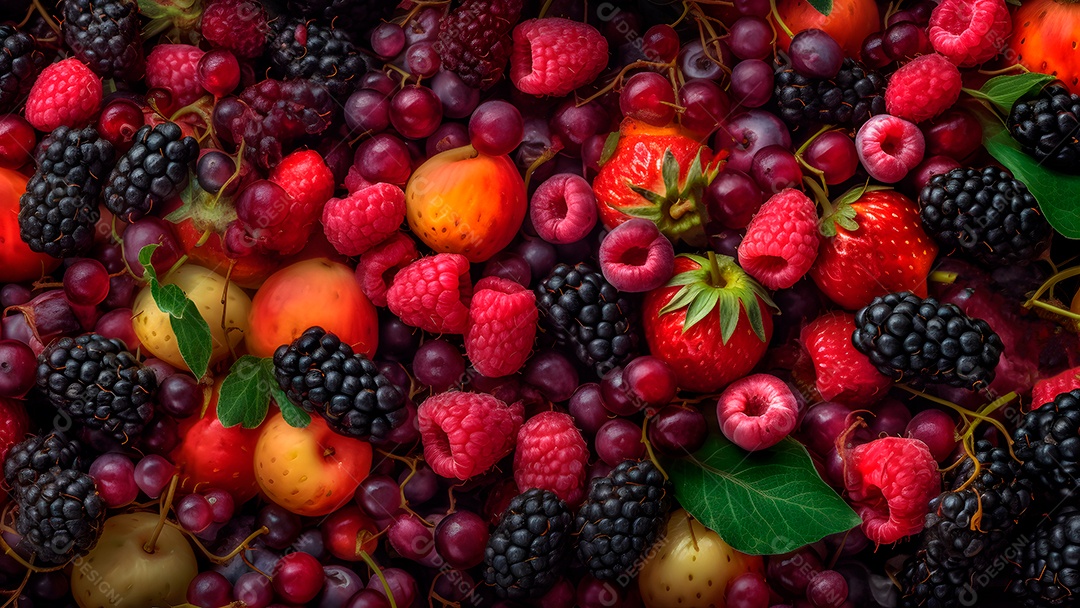 Mix de frutas vermelhas, fotorrealista, colorido em quadro inteiro