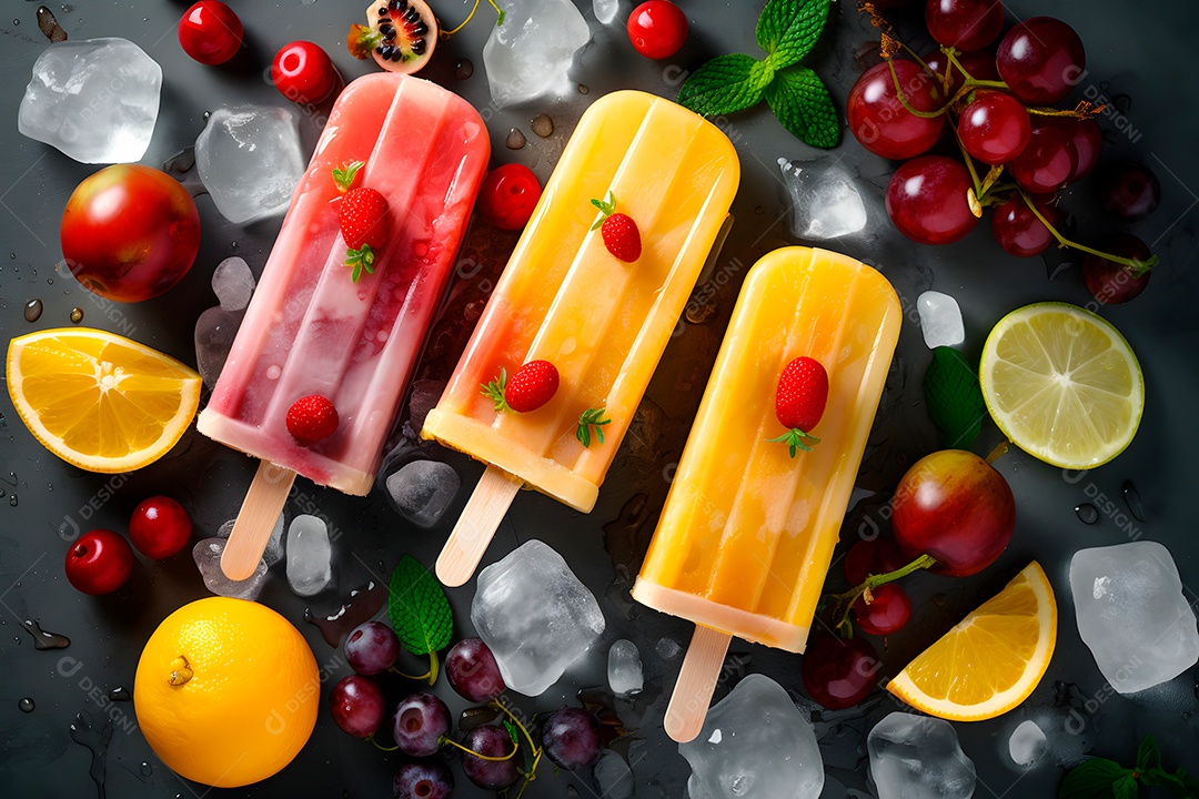 Picolés de sorvete com frutas e cubos de gelo em superfície plana, vista de cima