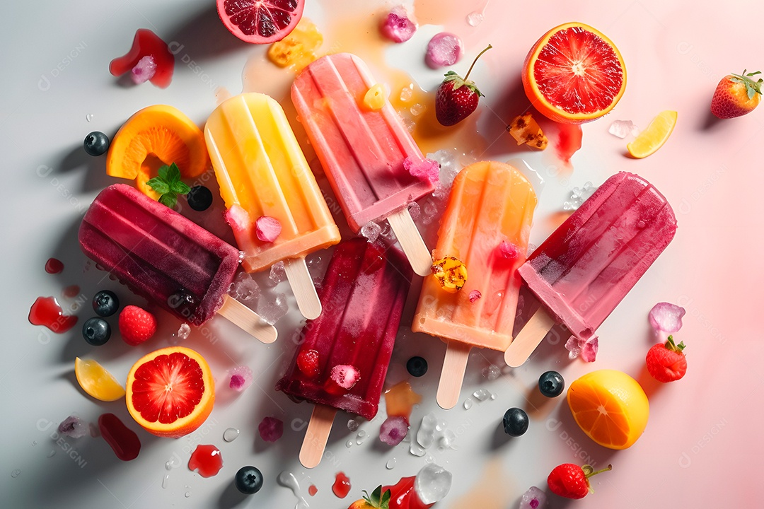 Picolés de sorvete com frutas e cubos de gelo em superfície plana, vista de cima