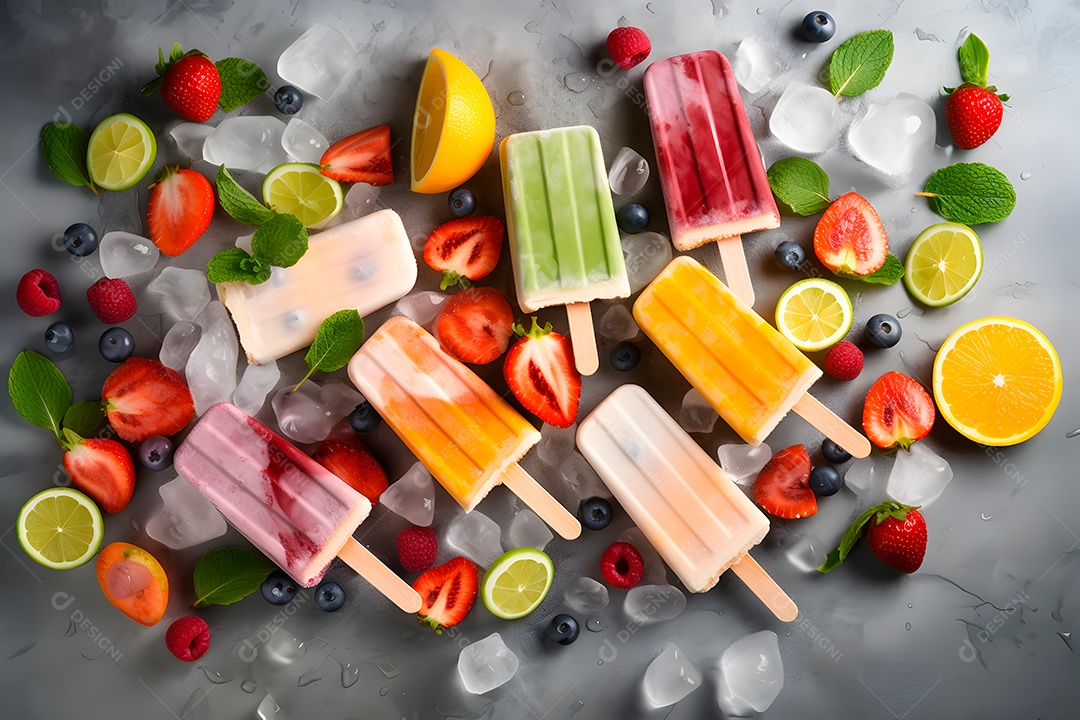 Picolés de sorvete com frutas e cubos de gelo em superfície plana, vista de cima