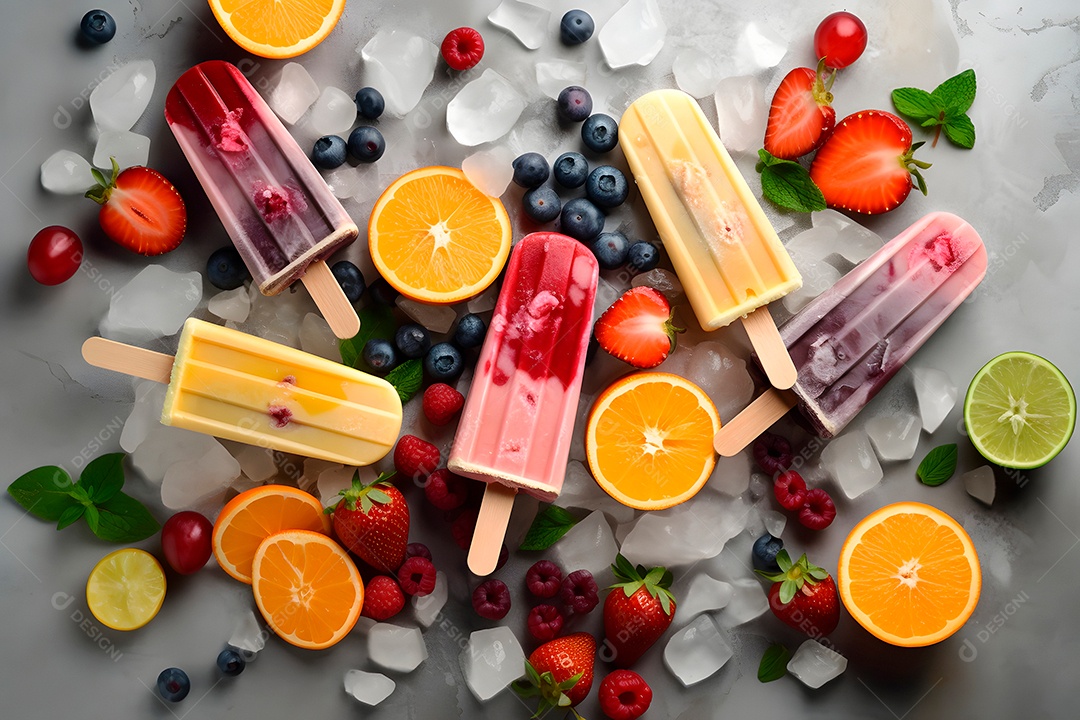 Picolés de sorvete com frutas e cubos de gelo em superfície plana, vista de cima