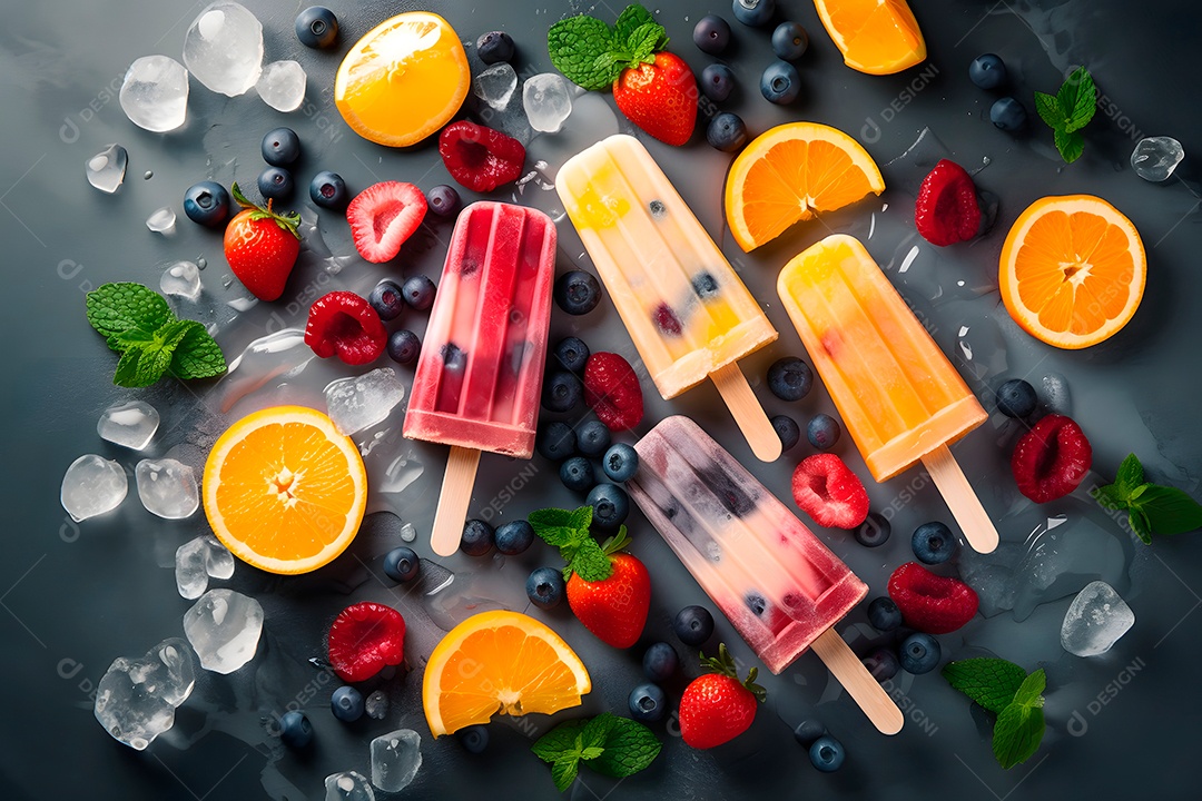 Picolés de sorvete com frutas e cubos de gelo em superfície plana, vista de cima