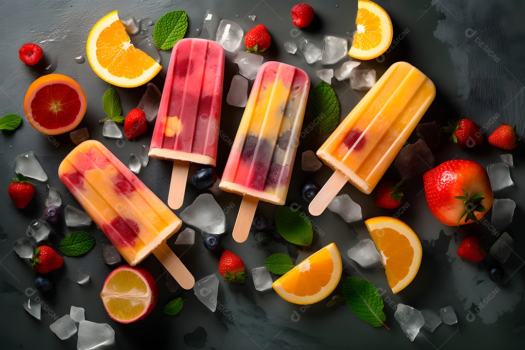 Picolés de sorvete com frutas e cubos de gelo em superfície plana, vista de cima