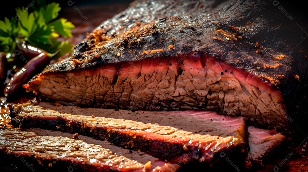 Visão aproximada de um pedaço grande e tentador de carne recém-assada