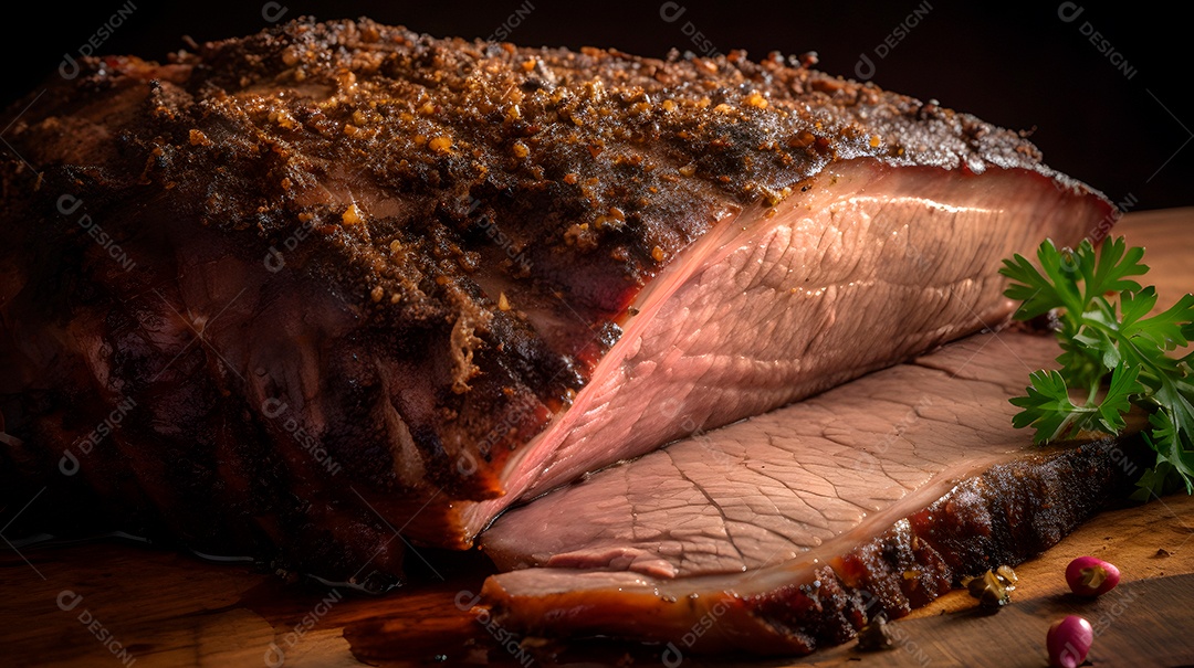 Visão aproximada de um pedaço grande e tentador de carne recém-assada