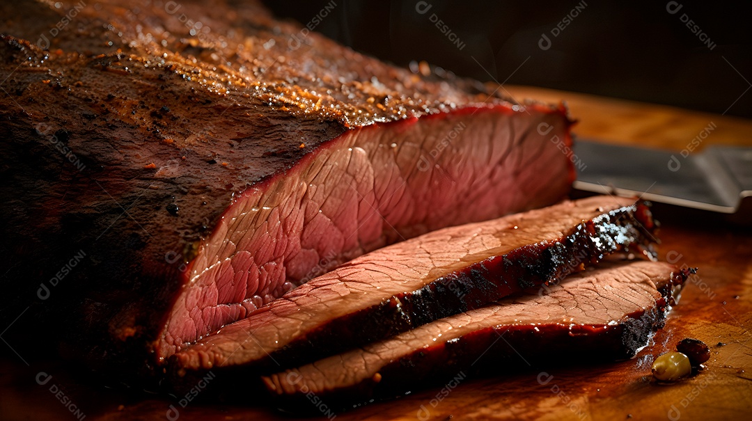 Visão aproximada de um pedaço grande e tentador de carne recém-assada