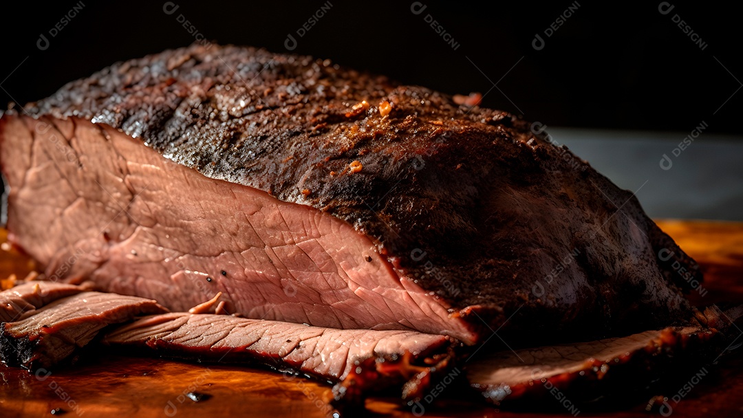 Visão aproximada de um pedaço grande e tentador de carne recém-assada